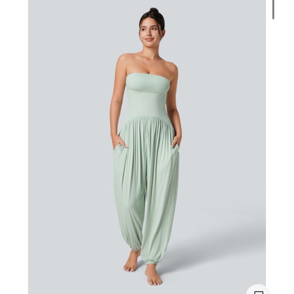 Halara Strapless Harem Jumpsuit Fairest Jade Green Pockets Ribbed Size XL